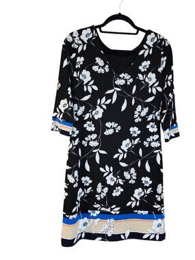 Black Floral Print 3/4 Sleeve Dress With V-Neckline & Color Block Hemline